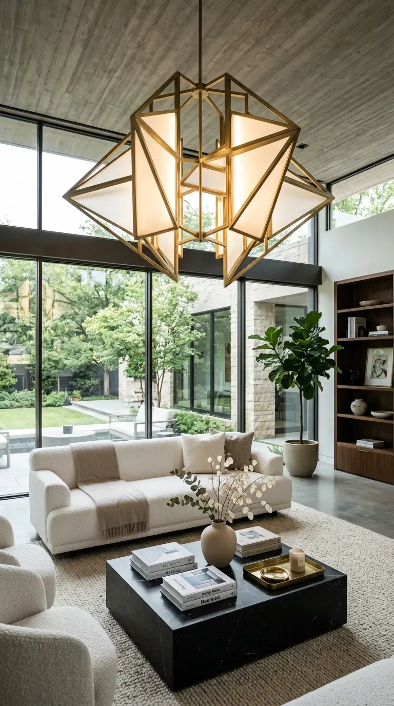10 Must-Try Contemporary Modern Interior Ideas That Look Stunning 2 A sculptural geometric chandelier hanging over a sleek modern living room