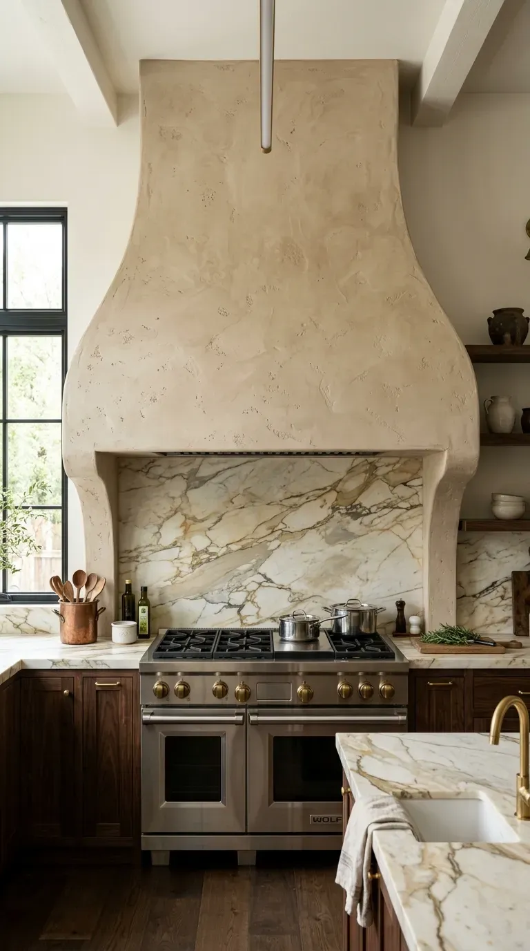 An open kitchen featuring a massive, custom textured plaster range hood