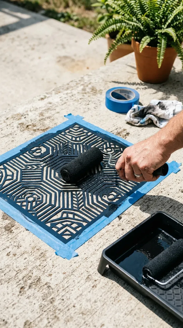 15 Genius DIY Patio Ideas You Need to Try 2 Hand painting a black and white geometric stencil on a concrete patio