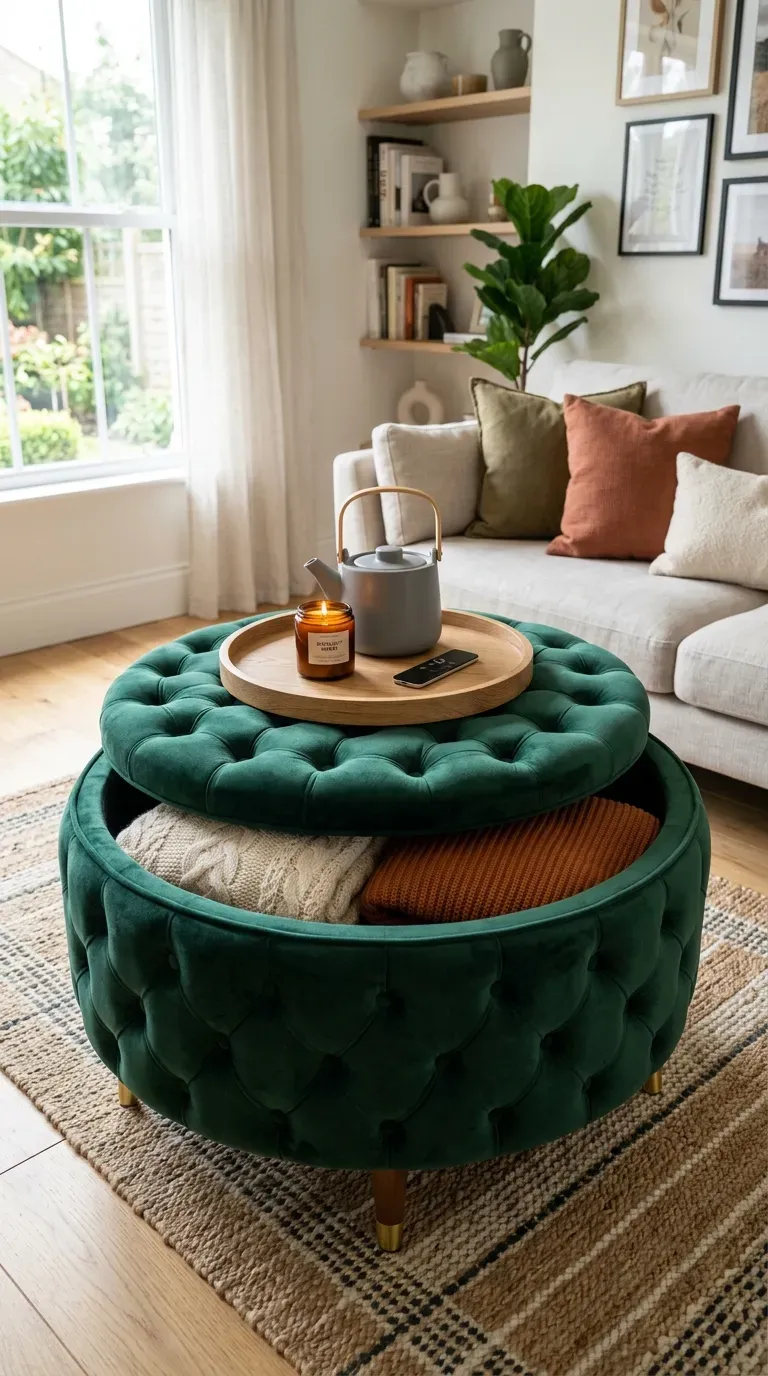 13 Genius Small Apartment Living Rooms You Need to Copy 8 Round tufted storage ottoman serving as a table