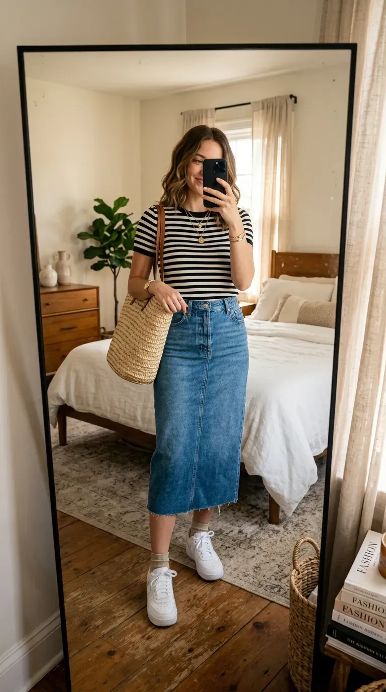 How to Style a Denim Skirt: 10 Chic Outfit Ideas You'll Want to Wear 11 Woman wearing a striped knit top with a denim skirt taking an iPhone mirror selfie.