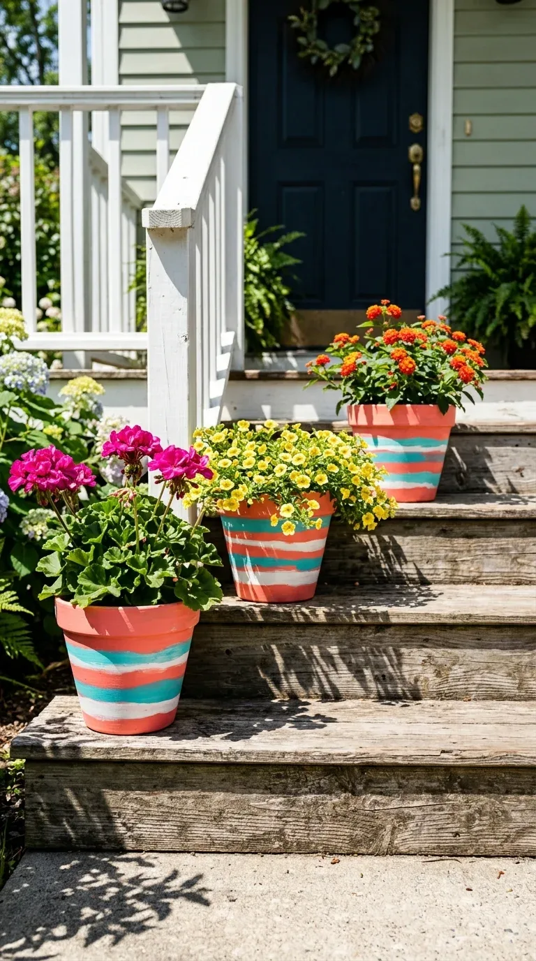 17 DIY Summer Decorations on a Budget 3 Terracotta pots hand-painted with bold summer stripes holding flowering plants on a porch