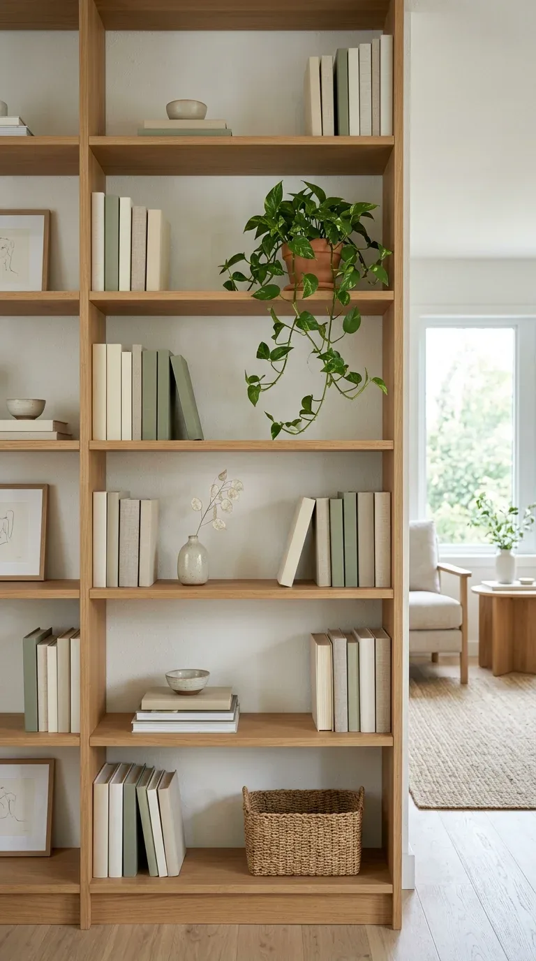 An open bookcase styled with books plants and decorative objects in a living room