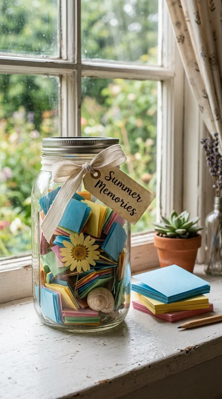 18 Fun Summer Craft Activities for Any Age 19 A decorated mason jar summer memory jar filled with small mementos and folded notes