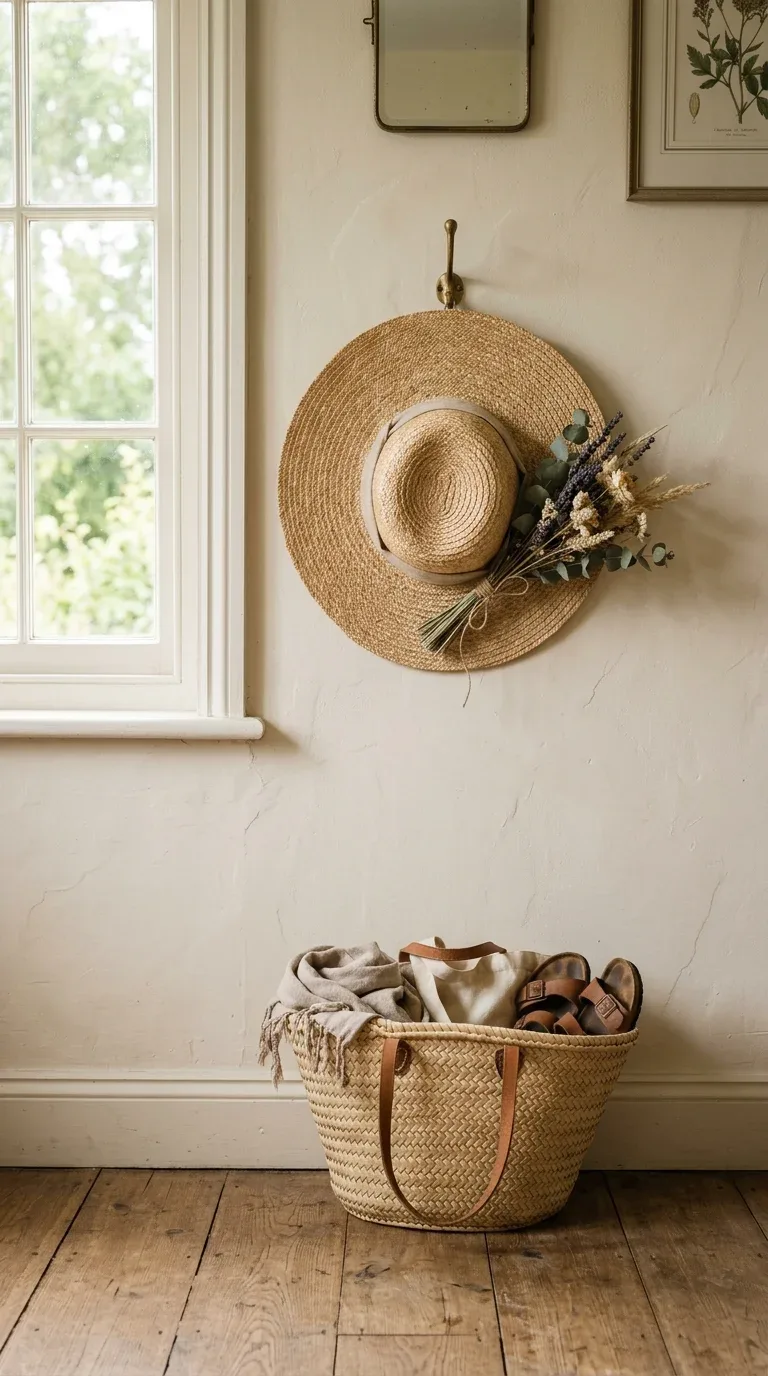17 DIY Summer Decorations on a Budget 18 A wide-brim straw sun hat displayed as wall decor with a dried flower accent