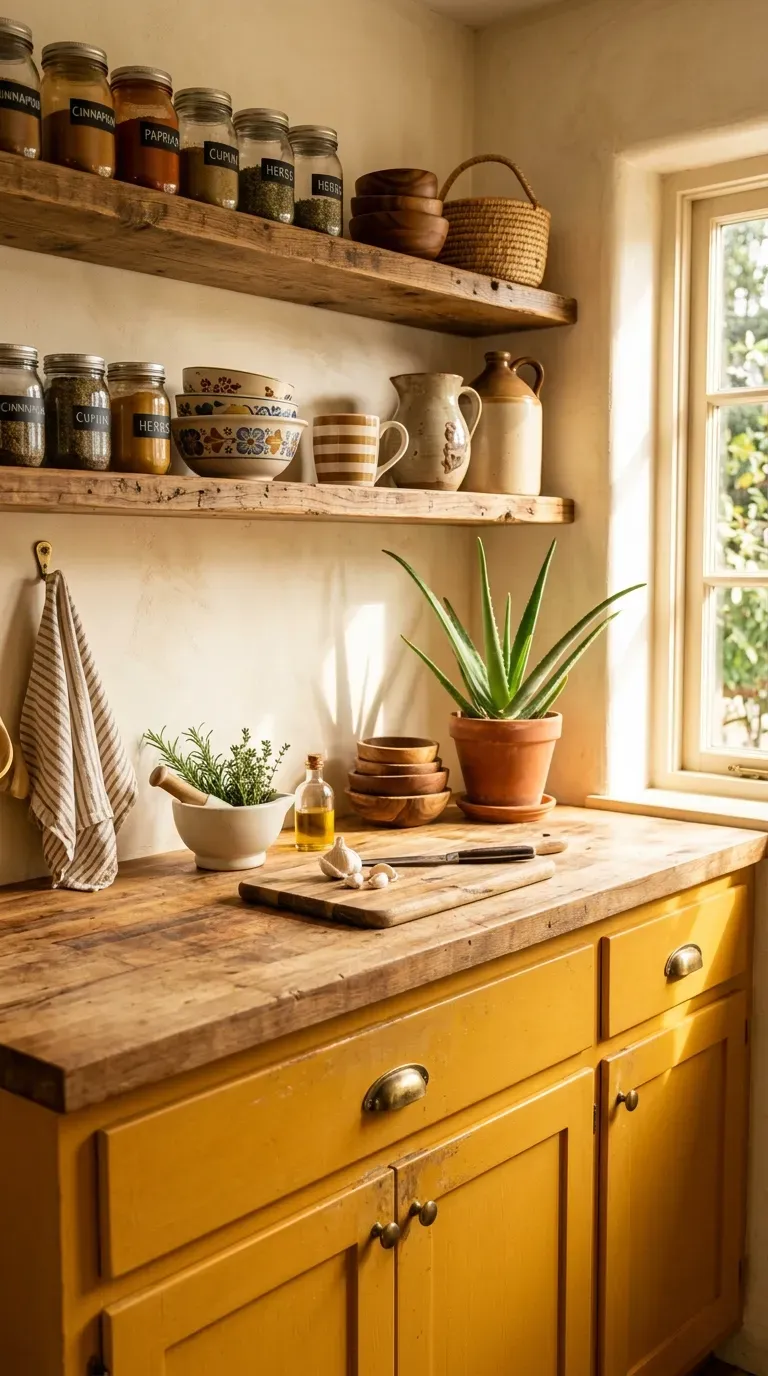 14 Genius Kitchen Color Palette Ideas You Need to Try 11 Vibrant ochre yellow kitchen cabinets paired with a raw wood butcher block