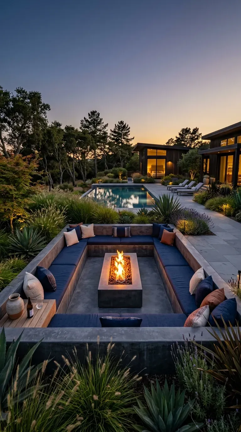 A modern sunken conversation pit with a glowing fire