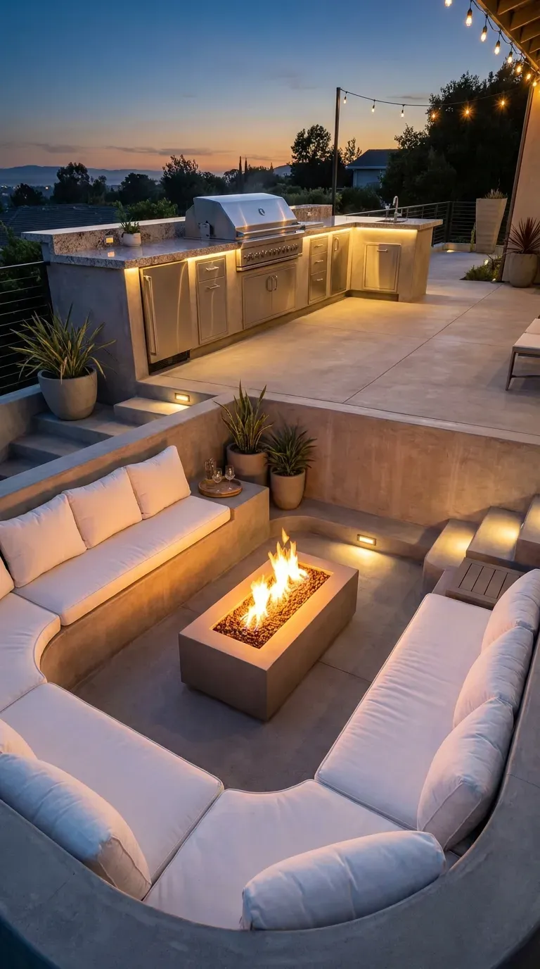 15 Genius Backyard Kitchen Ideas You Need to Try 12 An elevated outdoor kitchen overlooking a cozy sunken fire pit lounge