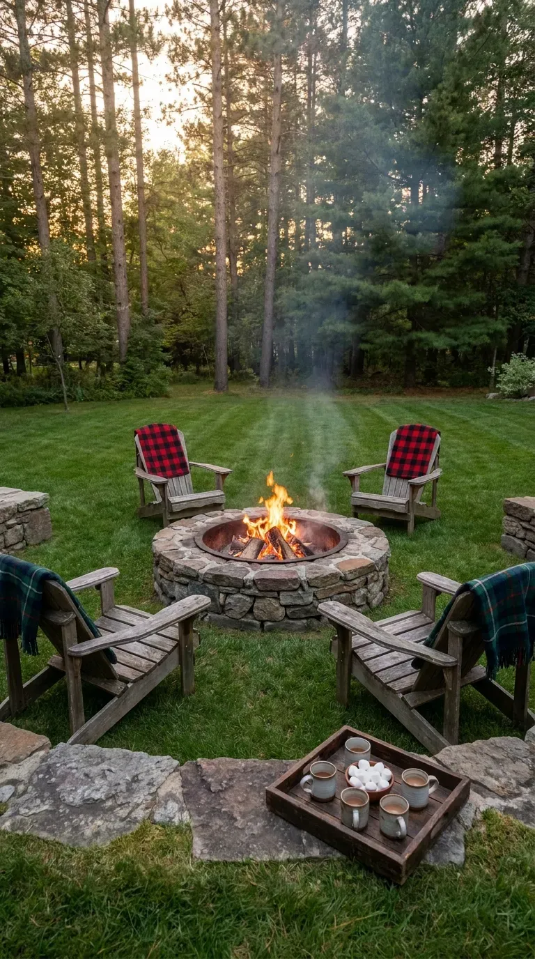 14 Genius Outdoor Fire Pit Ideas You Need to Try 2 A sunken stone fire pit surrounded by Adirondack chairs