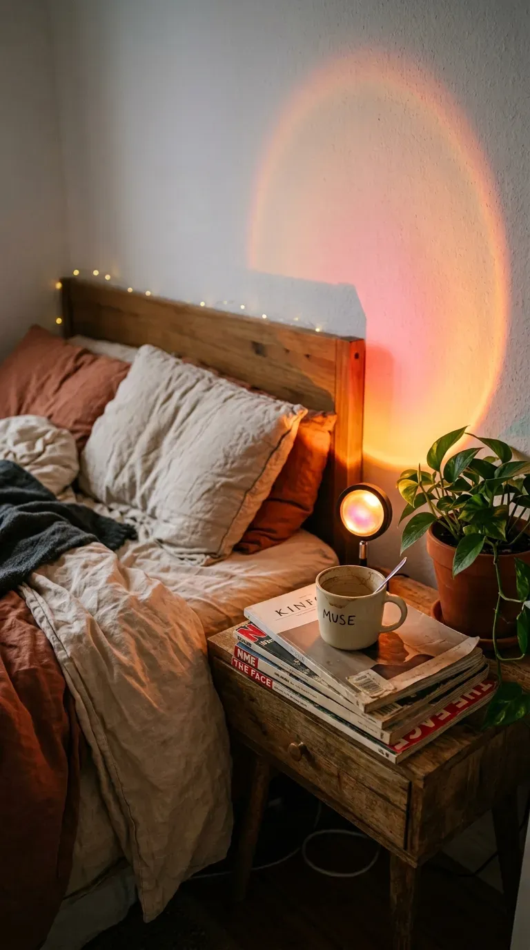 15 Genius Aesthetic Room Ideas You Need to Try 2 A cozy room illuminated by a warm sunset projection lamp