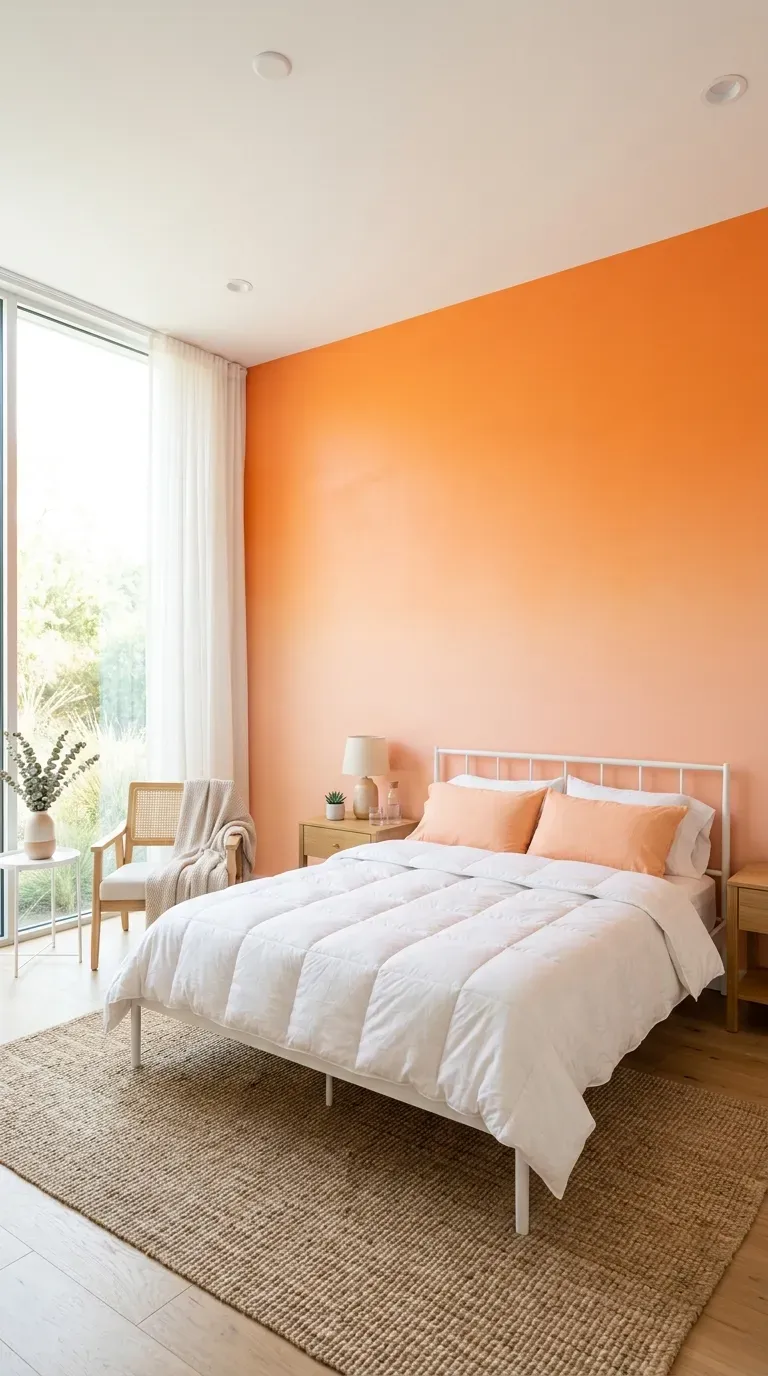 15 Genius Colorful Bedroom Ideas You Need to Try 6 A bedroom featuring a stunning wall painted in a pink to orange ombre gradient
