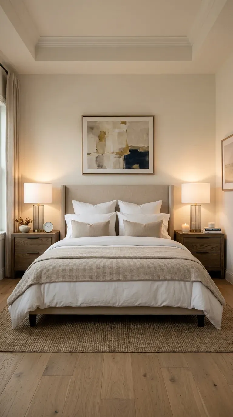 A perfectly symmetrical guest bedroom with matching nightstands and lamps