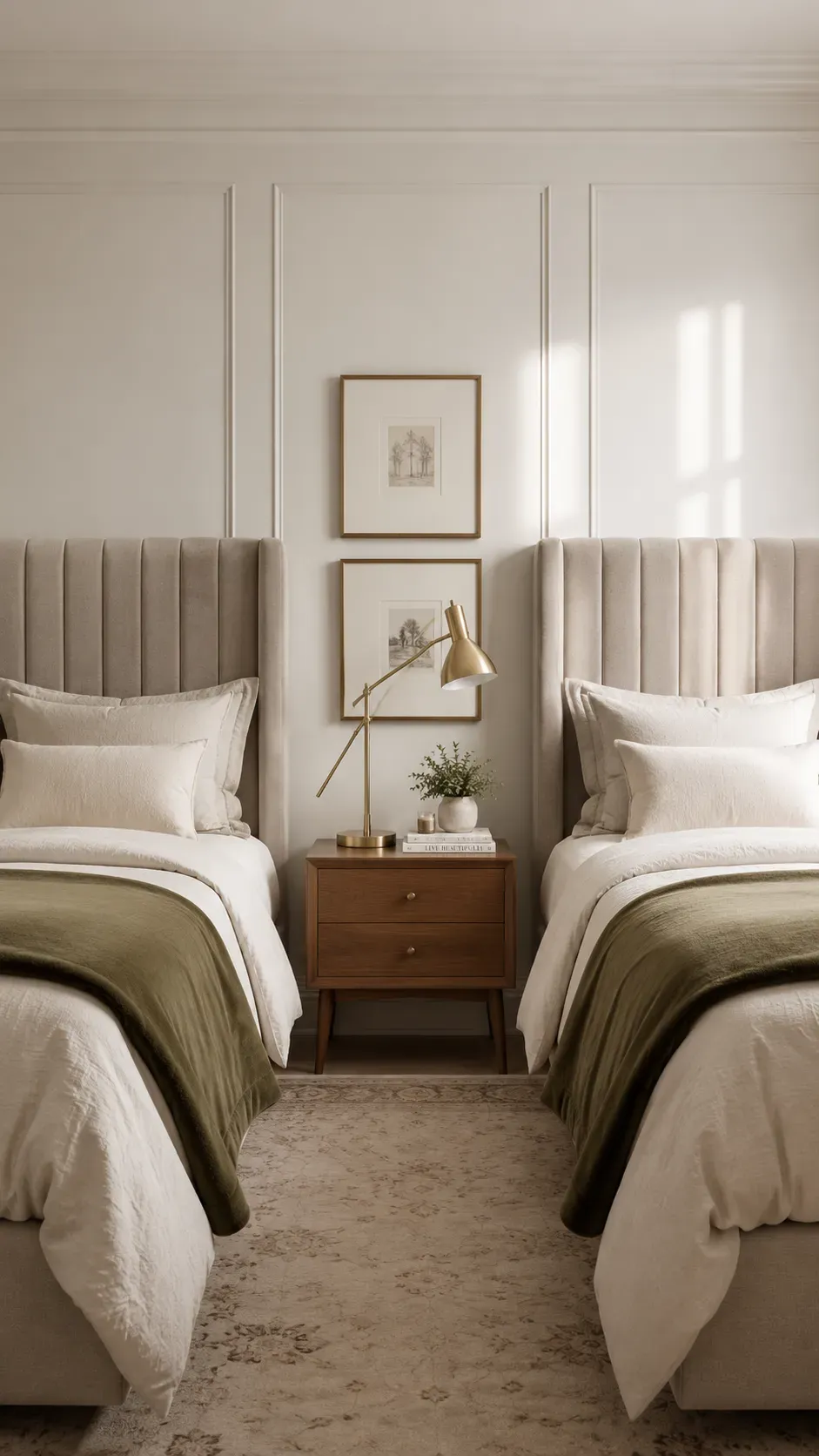 15 Genius Shared Bedroom Ideas You Need to Try 3 Two perfectly symmetrical twin beds with upholstered headboards and a shared nightstand