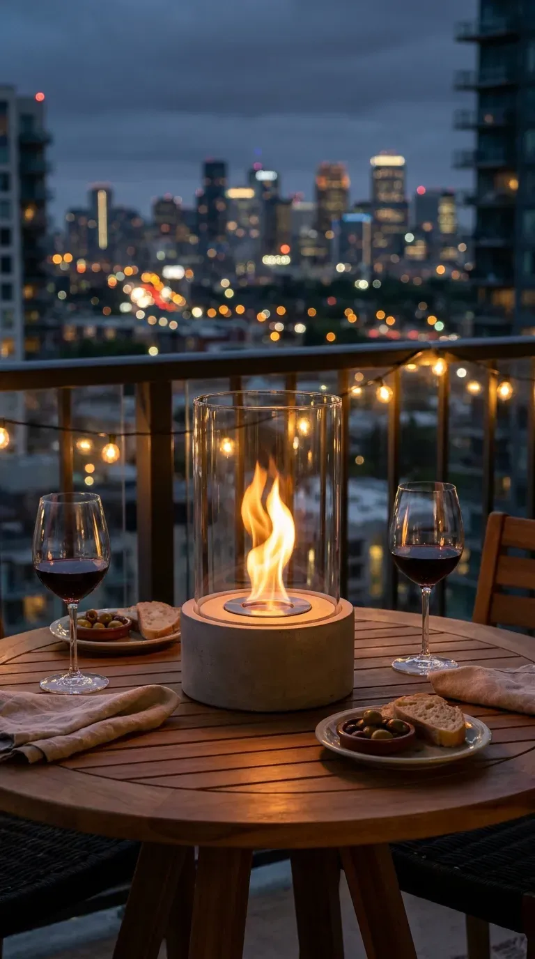 14 Genius Outdoor Fire Pit Ideas You Need to Try 14 A small tabletop glass fire feature glowing on a city balcony table