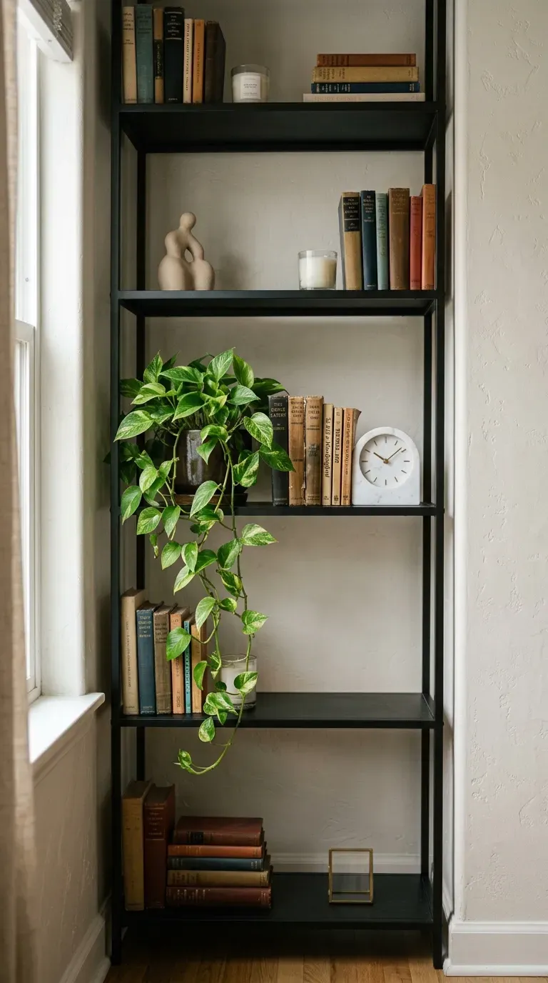13 Genius Small Apartment Living Rooms You Need to Copy 5 Tall narrow bookshelf styled perfectly in an apartment