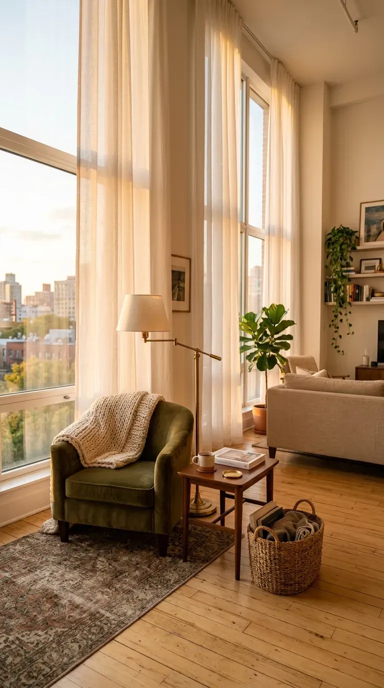 13 Genius Small Apartment Living Rooms You Need to Copy 4 Tall white sheer curtains in a tiny apartment