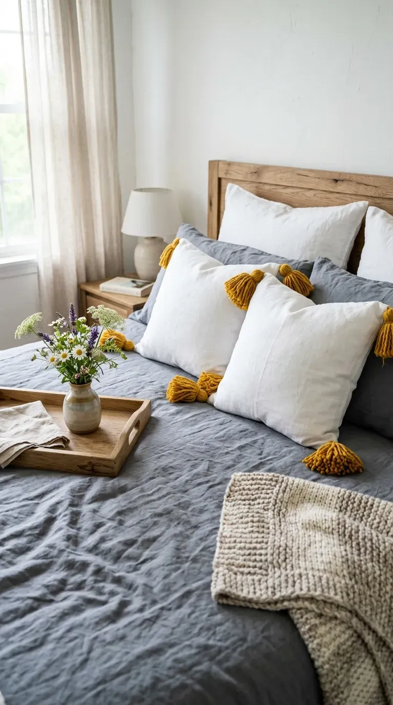 Linen throw pillows adorned with thick handmade yarn tassels