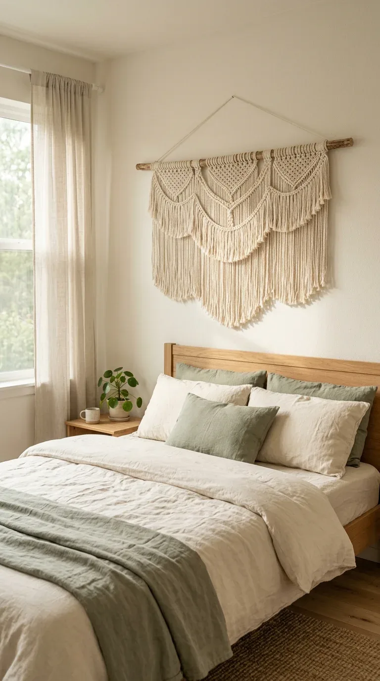 17 DIY Summer Decorations on a Budget 10 A handmade cream tassel wall hanging on a wooden dowel decorating a bedroom wall