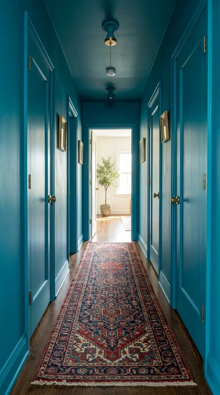 15 Genius Color Drenching Room Ideas You Need to Try 16 A striking home hallway color-drenched in a vibrant, saturated teal blue