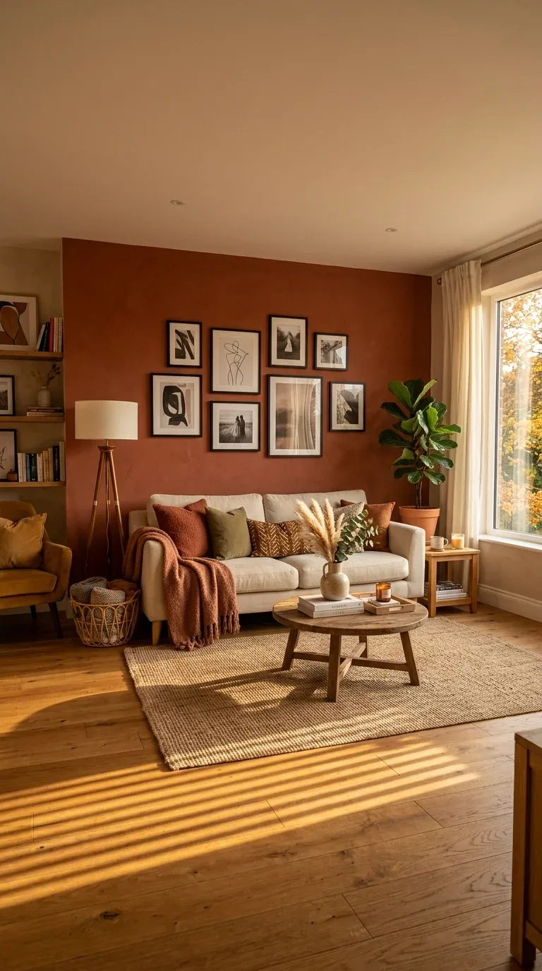 A deep terracotta accent wall behind a living room sofa adding warmth and depth