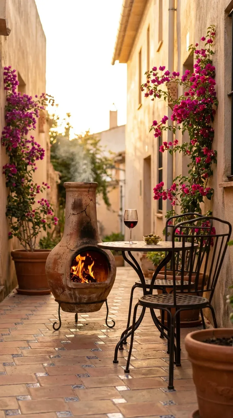 14 Genius Outdoor Fire Pit Ideas You Need to Try 9 A classic terracotta chiminea burning wood on a narrow courtyard patio