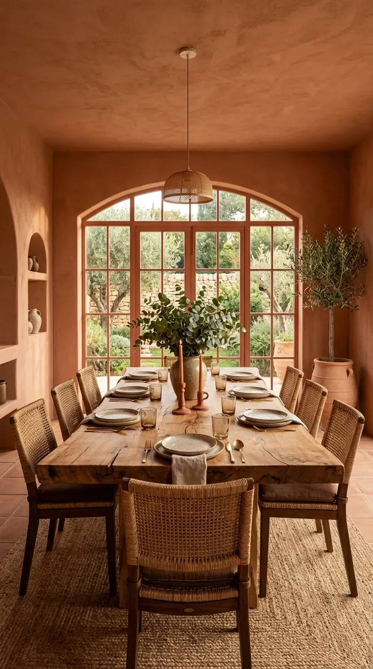 15 Genius Color Drenching Room Ideas You Need to Try 3 A warm terracotta color-drenched dining room with a wooden table
