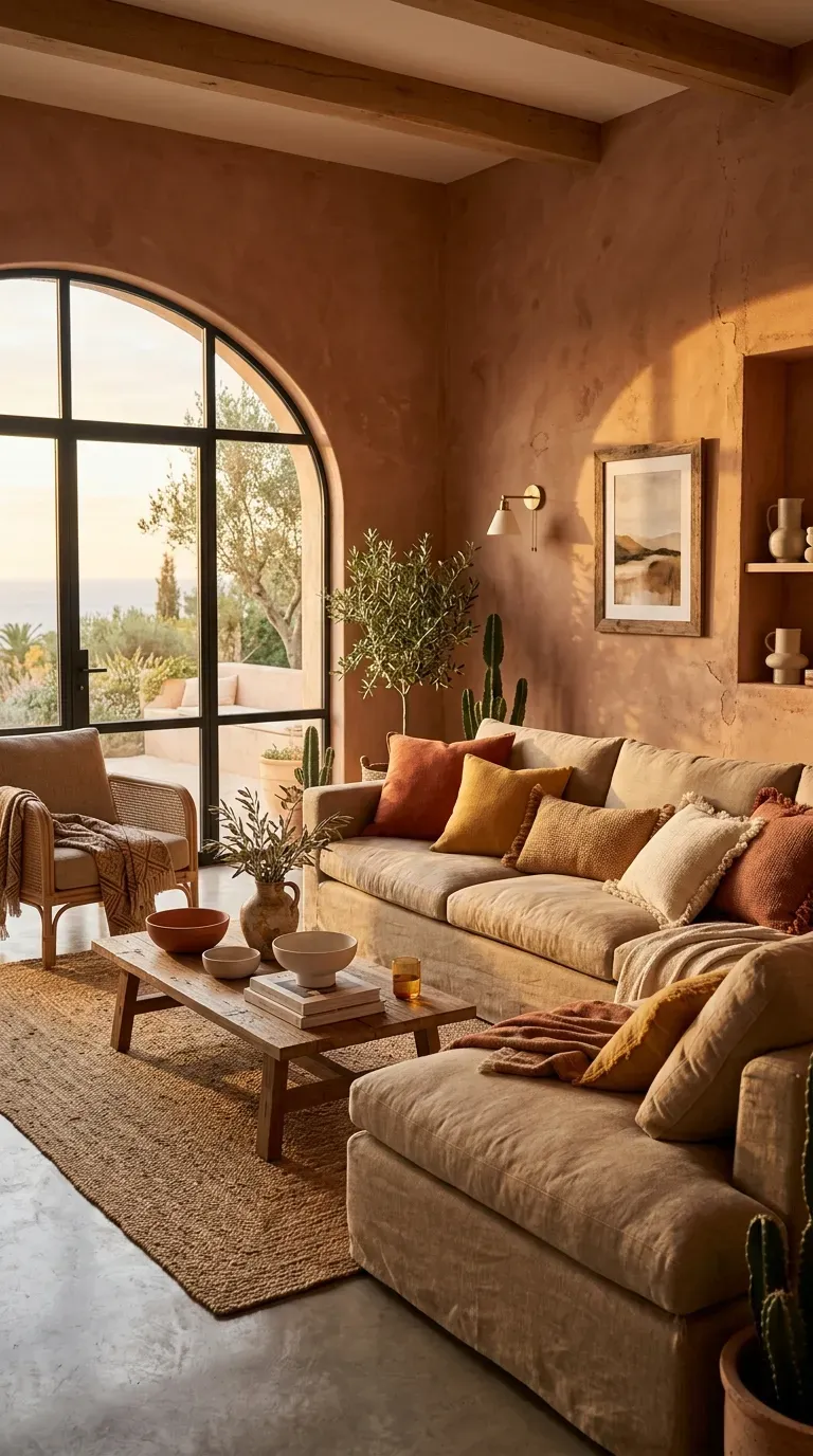 15 Genius Modern Living Room Designs You Need to See 9 A warm living room with terracotta plaster walls and cozy warm-toned decor