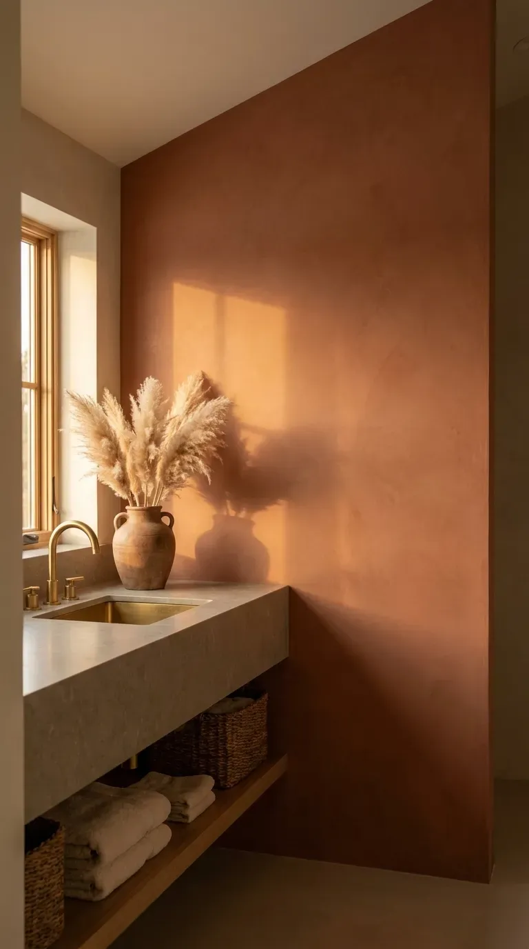 12 Aesthetic Bathroom Decor Ideas for a Gorgeous Space 3 A warm bathroom featuring terracotta walls and greige accents