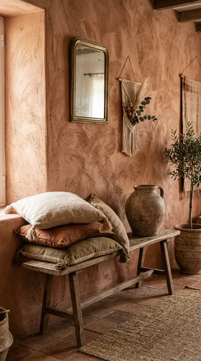 15 Genius Bohemian Home Decor Ideas You Need to Try 12 A bohemian living space with deeply textured terracotta limewash walls