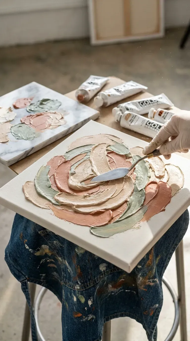 12 Stunning Adult Craft Kits That Will Boost Your Creativity 6 Artist applying thick textured white and sage paint onto a stretched canvas with a knife