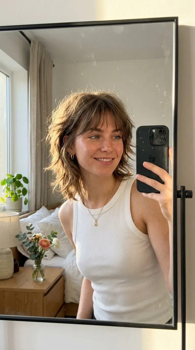 Woman with a textured shag haircut taking an iPhone mirror selfie.