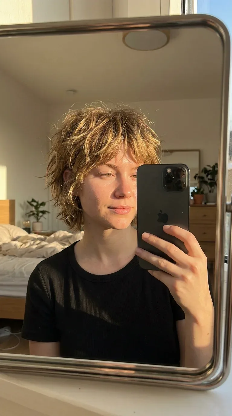 Woman with a textured shaggy crop haircut taking an iPhone mirror selfie.