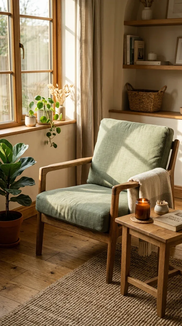 A refreshed thrifted wooden accent chair with new upholstery in a cozy living room corner