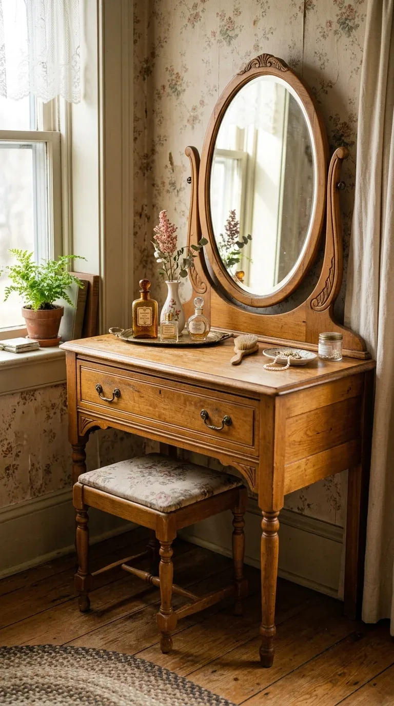 15 Vintage Bedroom Designs for a Cozy Retreat 4 A thrifted wood vanity with an attached mirror styled in a vintage bedroom corner