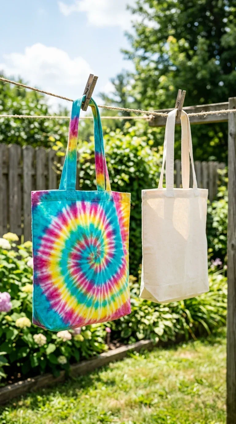 18 Fun Summer Craft Activities for Any Age 3 A colorful tie-dyed canvas tote bag drying on an outdoor clothesline