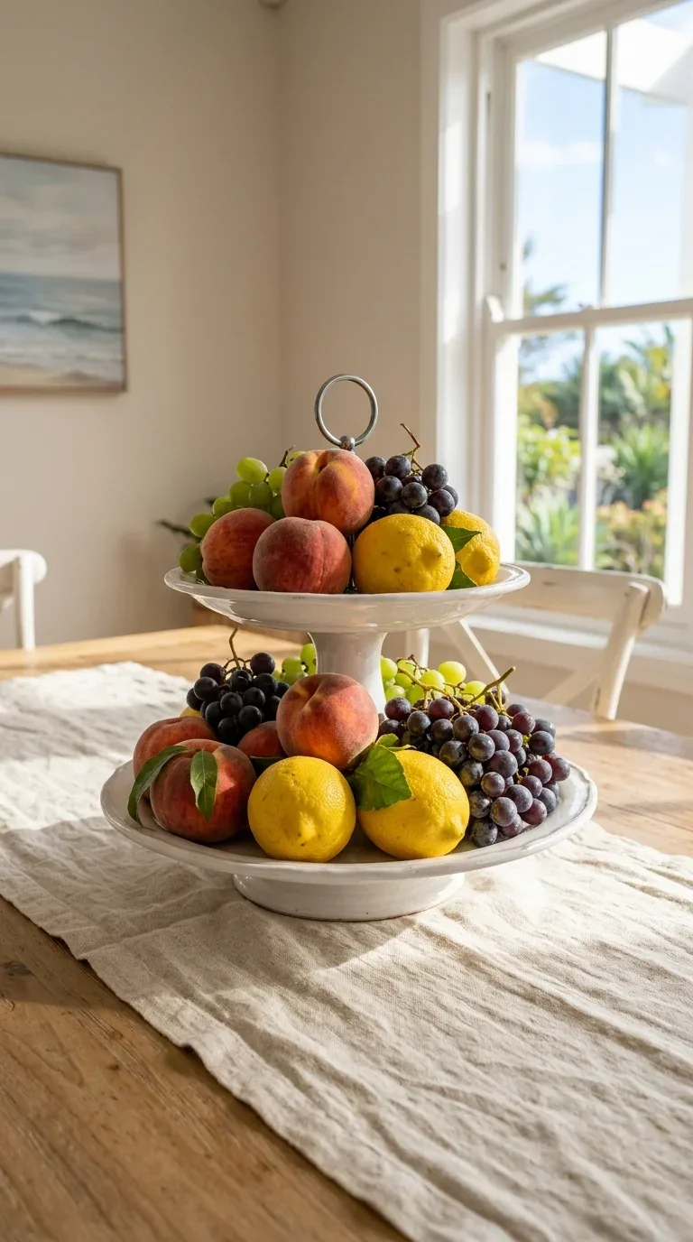 17 DIY Summer Decorations on a Budget 6 A tiered fruit stand centerpiece filled with fresh summer fruit on a dining table