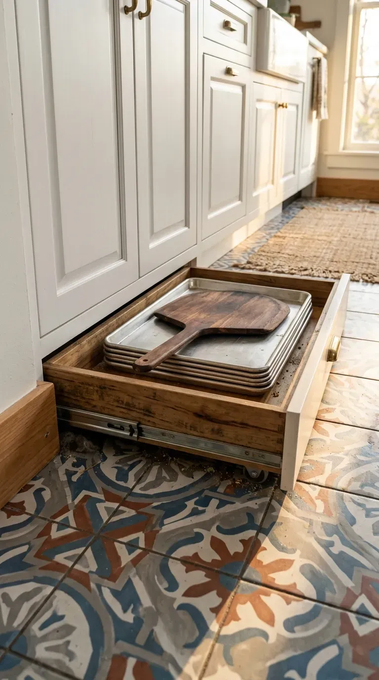 A hidden toe-kick drawer pulled open from beneath a kitchen cabinet