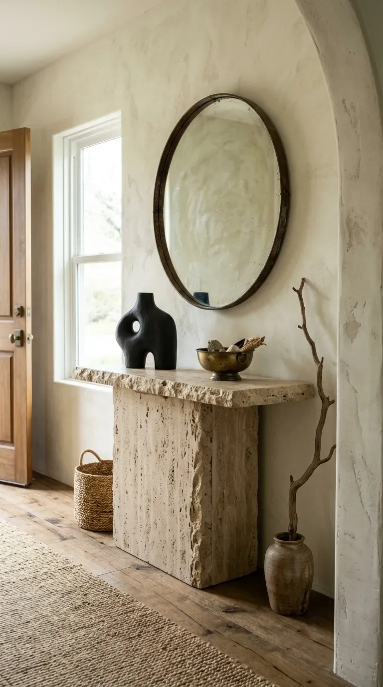 Chunky beige travertine stone monolith console table against a white wall