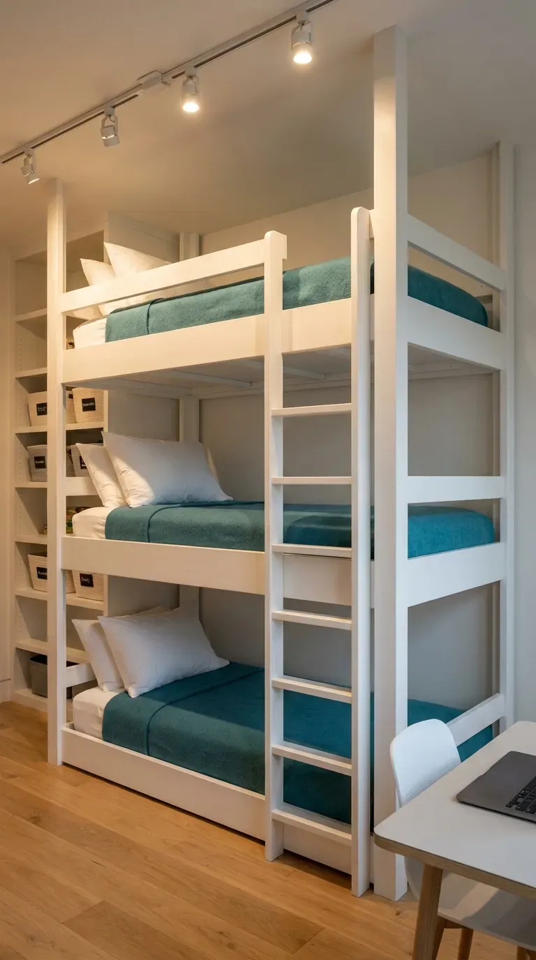 10 Must-Try Bunk Bed Room Ideas That Look Stunning 10 A highly efficient bedroom featuring a towering white wooden triple bunk bed