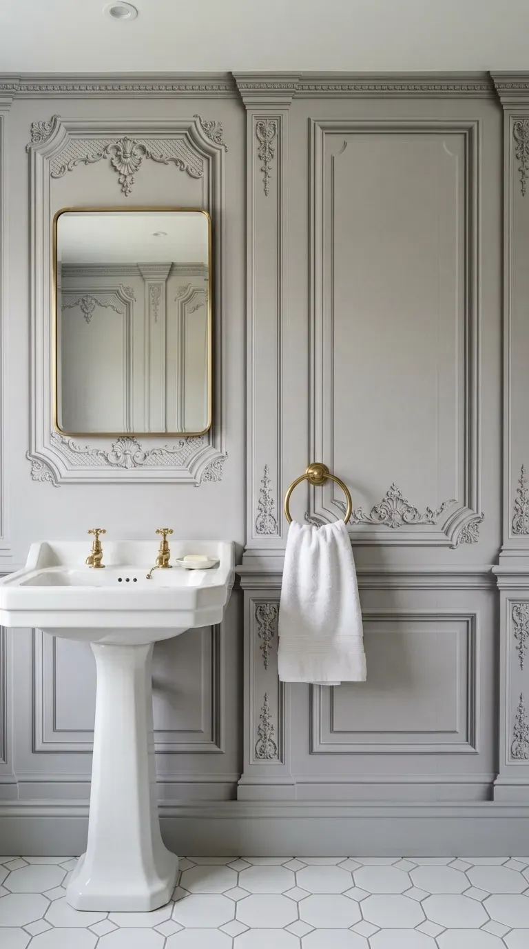 10 Must-Try Bathroom Wallpaper Ideas That Look Expensive 11 A clever bathroom showcasing flat wallpaper that fakes the look of 3D wood molding