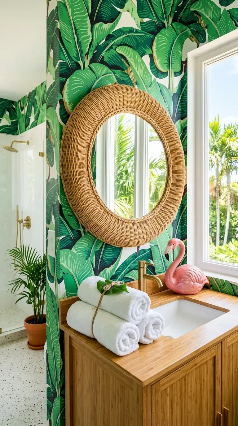 10 Must-Try Bathroom Wallpaper Ideas That Look Expensive 10 A vibrant resort-style bathroom adorned with tropical banana leaf wallpaper and rattan accents