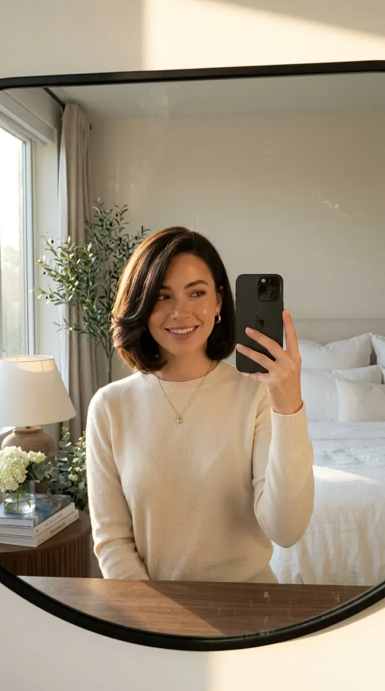 Woman with tucked behind the ear bob taking an iPhone mirror selfie.