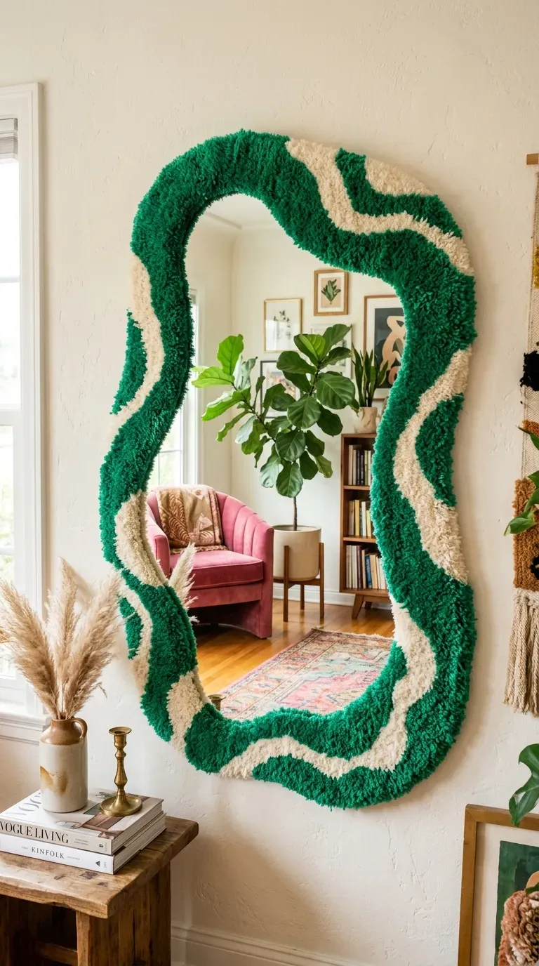 Asymmetrical wall mirror featuring a fluffy, tufted green yarn frame