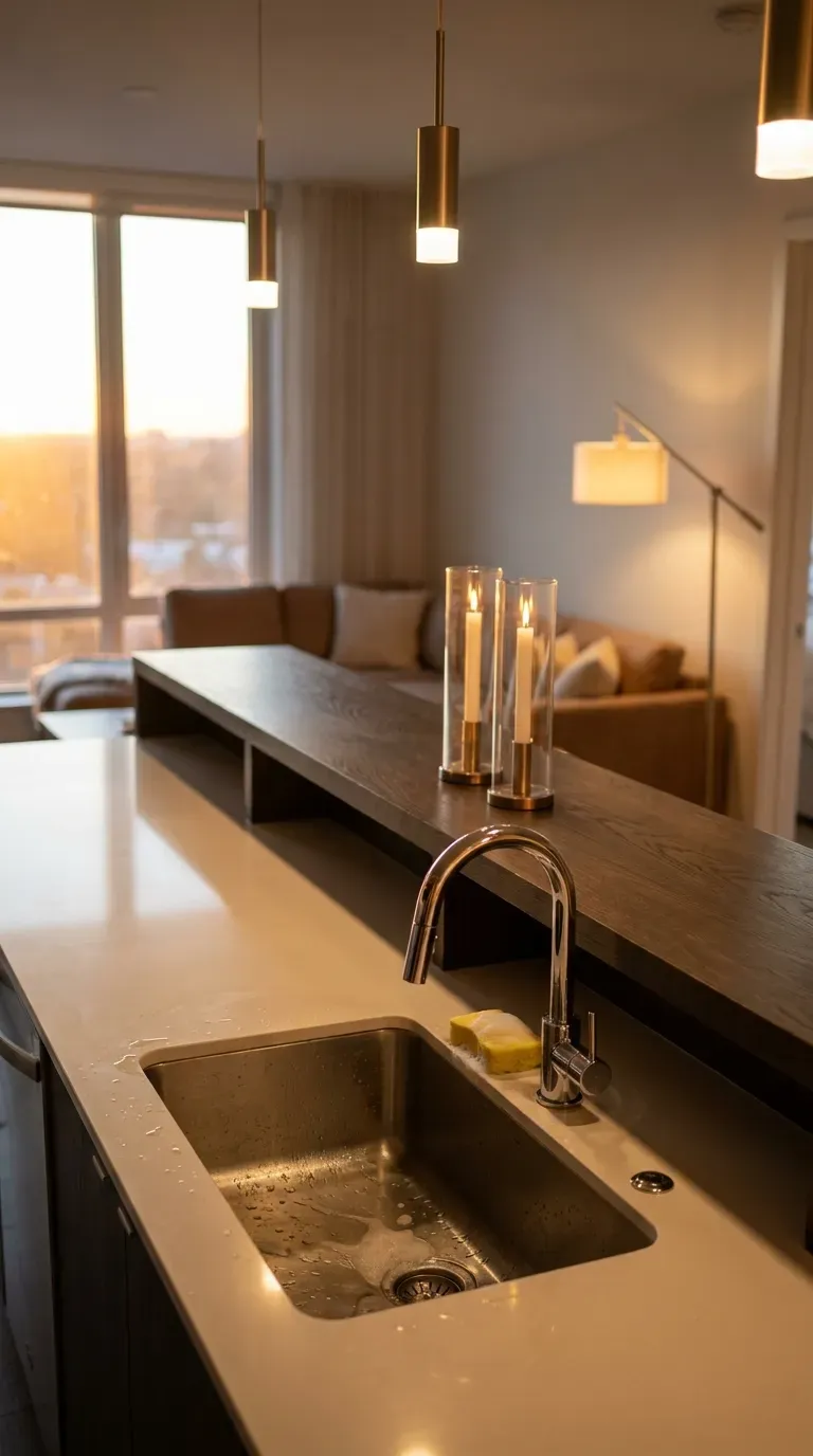 A two-tiered kitchen island that hides the prep area from the living room