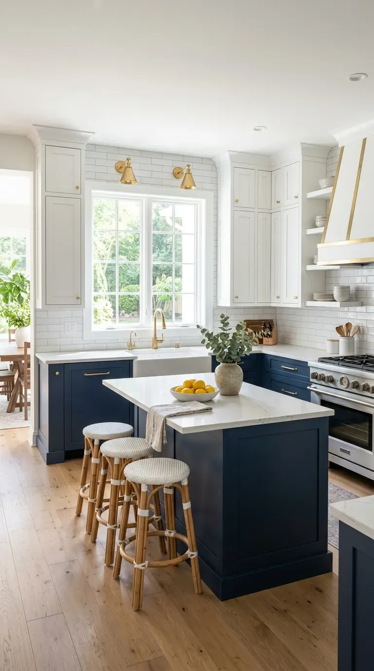 An open kitchen with dark navy lower cabinets and white upper cabinets