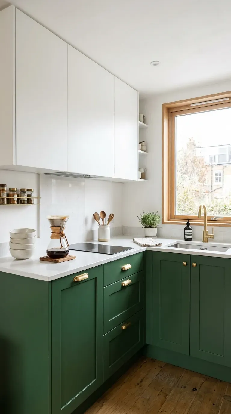 A tiny kitchen featuring forest green lower cabinets and white upper cabinets