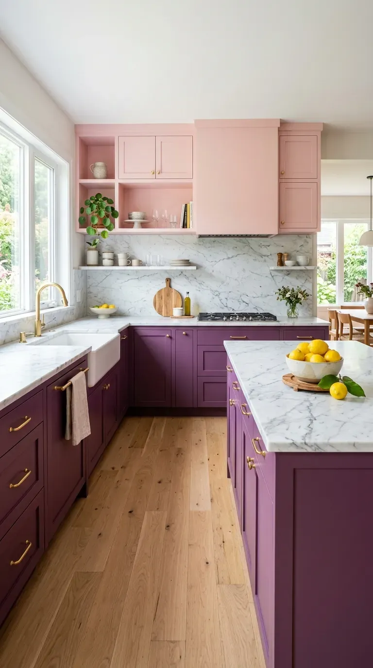 A kitchen with deep plum lower cabinets and blush pink uppers