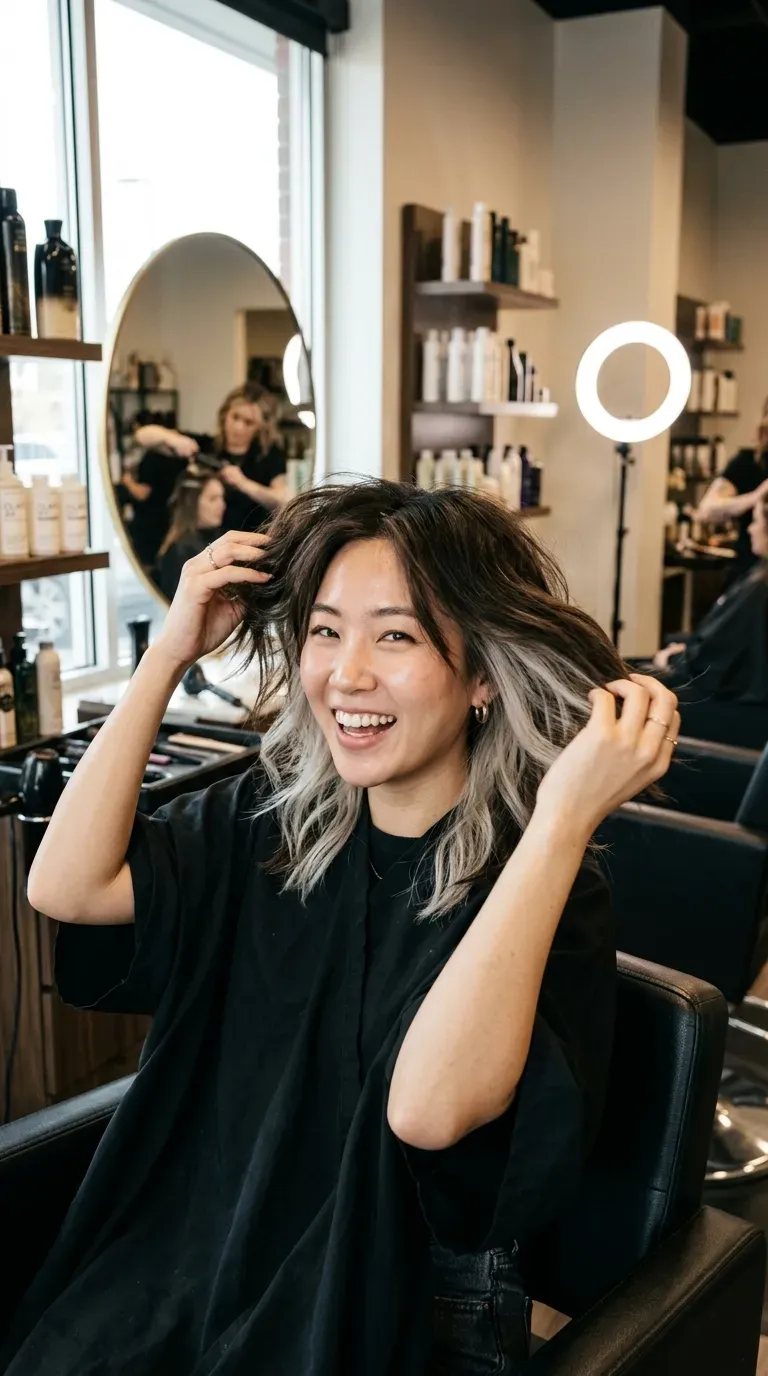 Woman showing off two-tone hidden color wolf cut