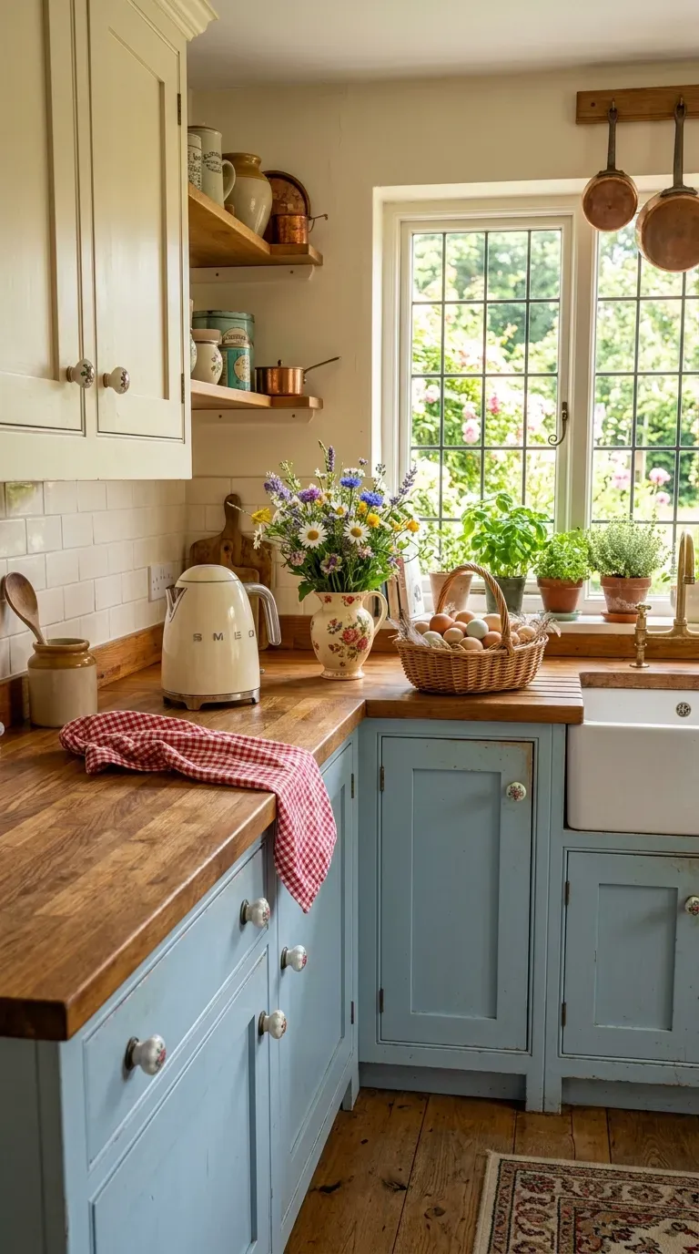 14 Genius Kitchen Color Palette Ideas You Need to Try 15 Cottage style kitchen with pastel blue lower cabinets and cream uppers