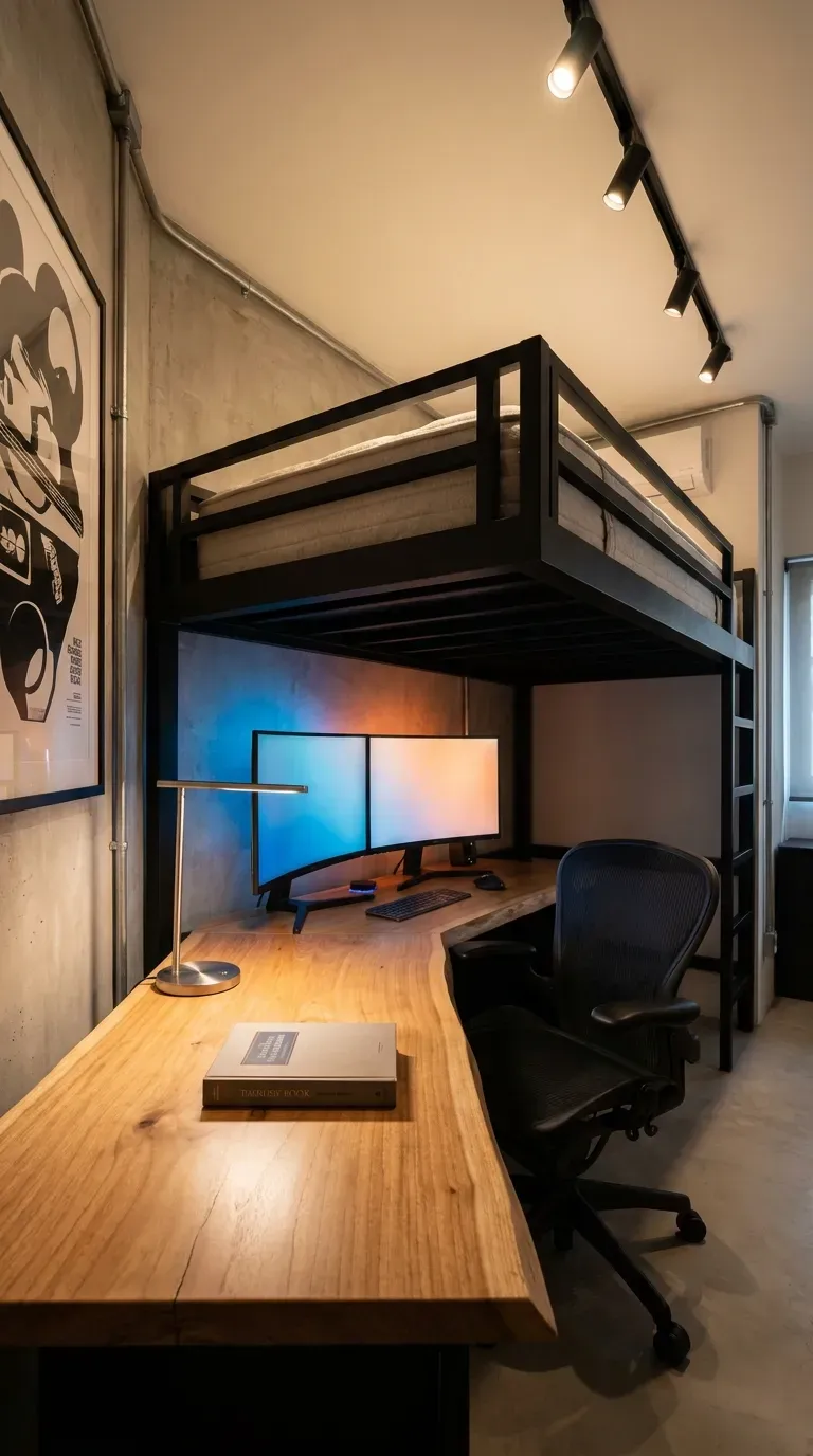10 Must-Try Bunk Bed Room Ideas That Look Stunning 4 A sleek metal loft bed with a large study desk underneath